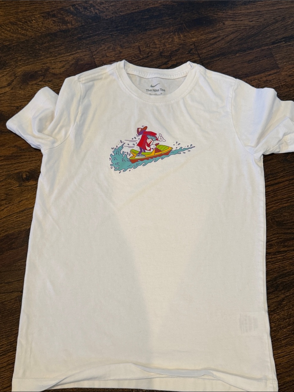 Nike White Kids Tee with Surfing Shark Graphic